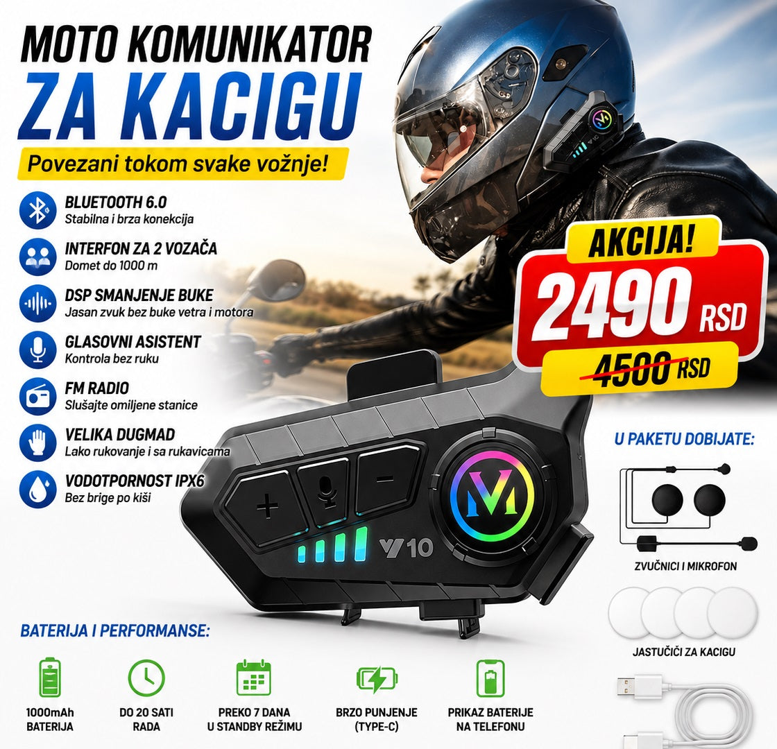 Bluetooth moto-komunikator za kacigu sa FM radiom